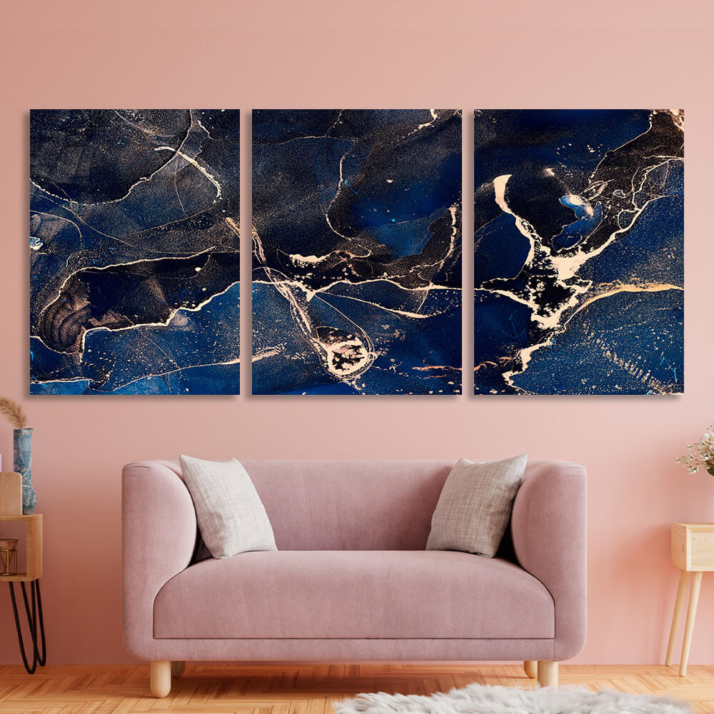 Modular abstract deep blue with gold elements Multi Panel Canvas Wall Art Print