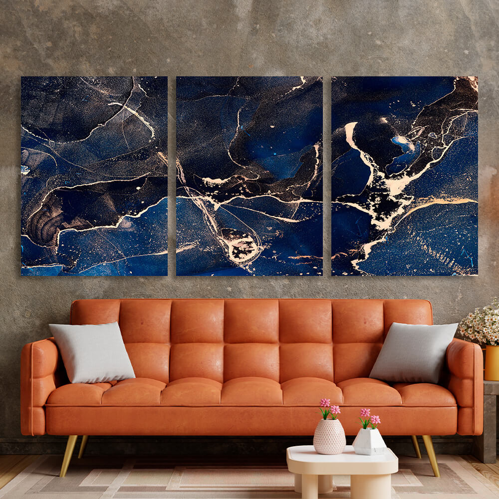 Modular abstract deep blue with gold elements Multi Panel Canvas Wall Art Print