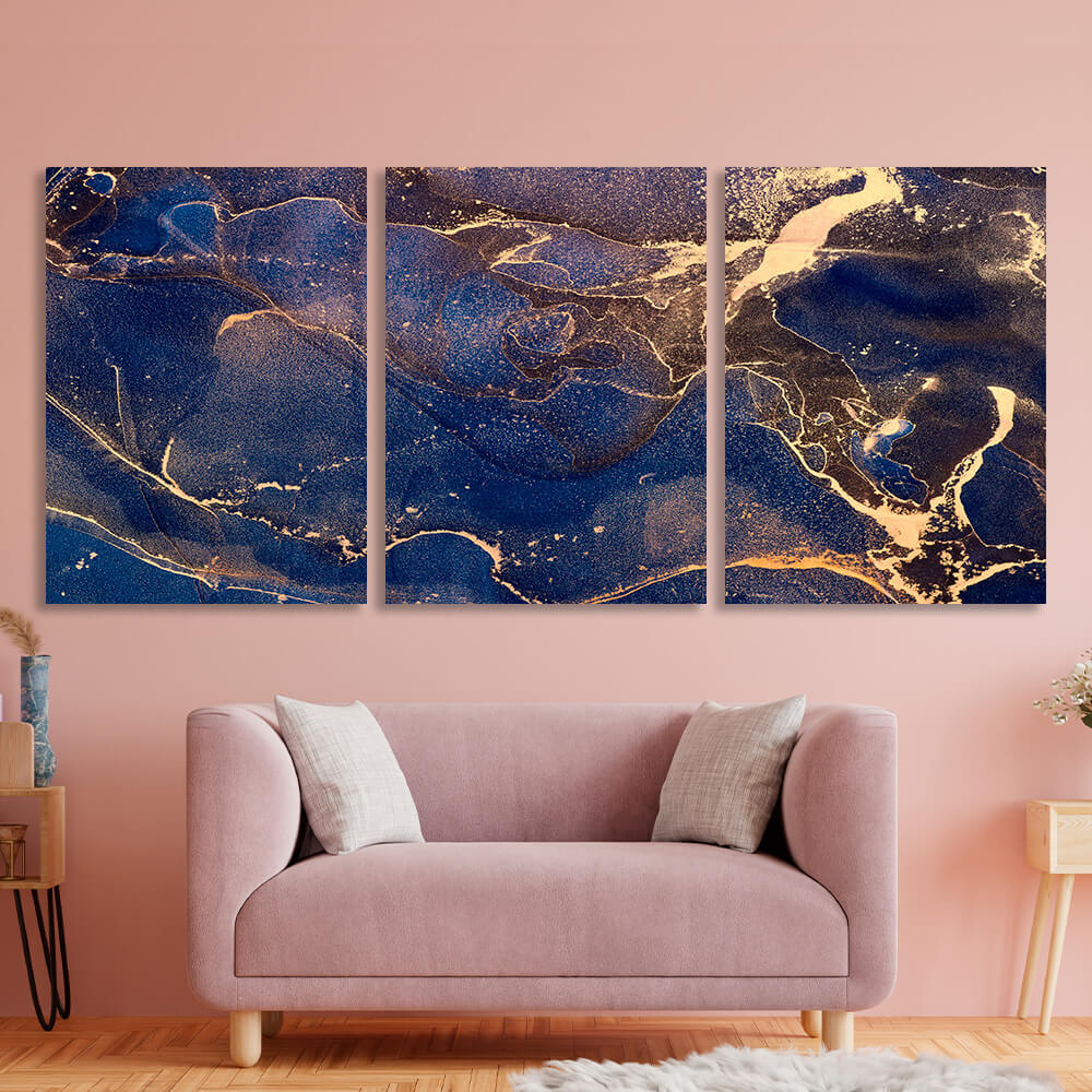 Modular blue-gold abstract Multi Panel Canvas Wall Art Print