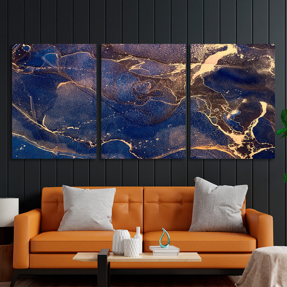 Modular blue-gold abstract Multi Panel Canvas Wall Art Print