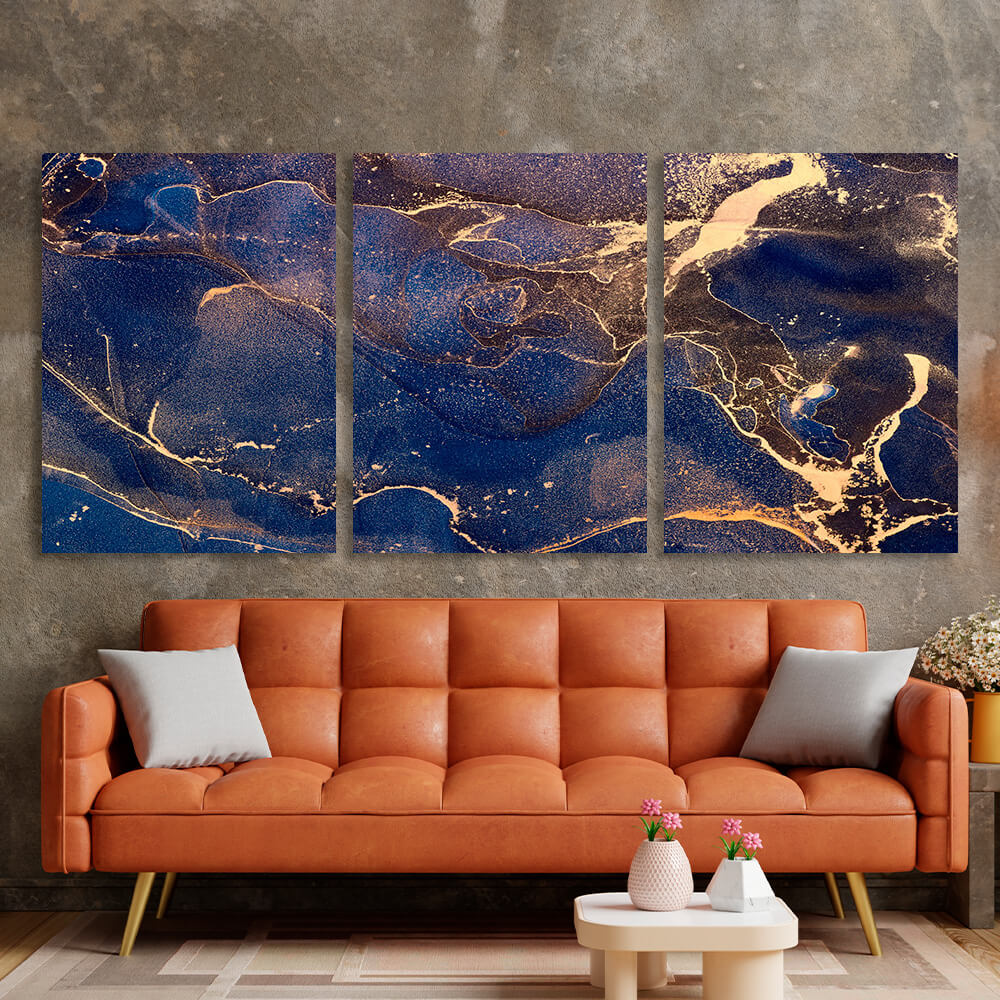 Modular blue-gold abstract Multi Panel Canvas Wall Art Print