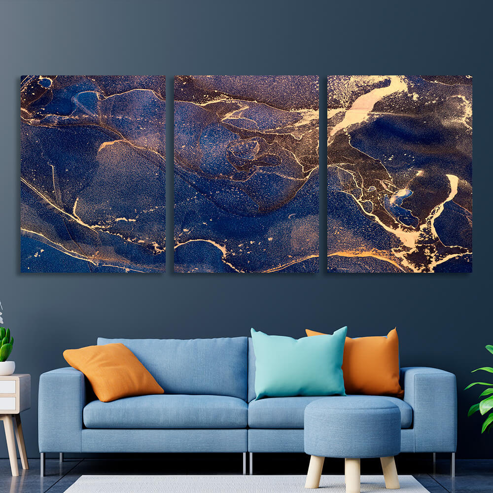 Modular blue-gold abstract Multi Panel Canvas Wall Art Print