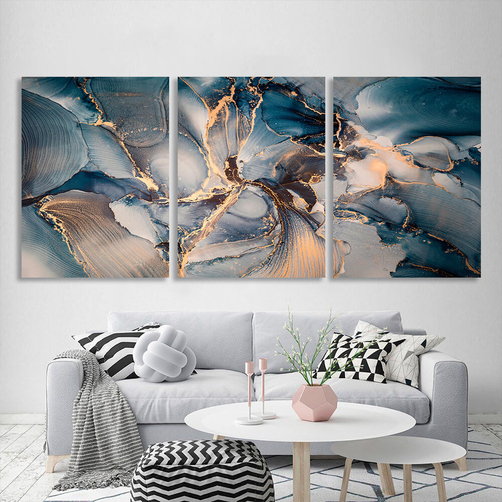 Modular gray-blue abstract with gold elements Multi Panel Canvas Wall Art Print