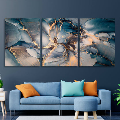 Modular gray-blue abstract with gold elements Multi Panel Canvas Wall Art Print