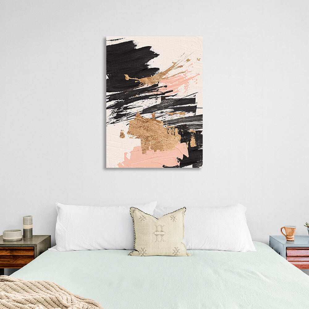 Strokes of black and pink tones with goldAbstraction Canvas Wall Art Print