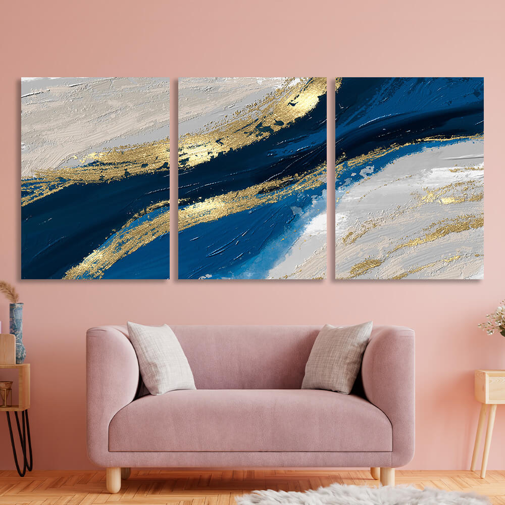 Modular blue-gray abstract with gold elements Multi Panel Canvas Wall Art Print