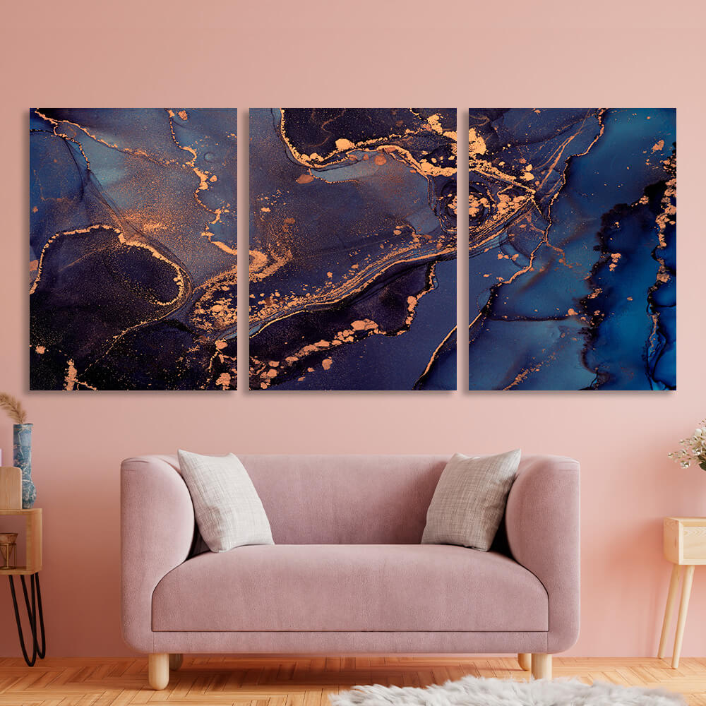 Modular purple and blue abstract with gold elements Multi Panel Canvas Wall Art Print