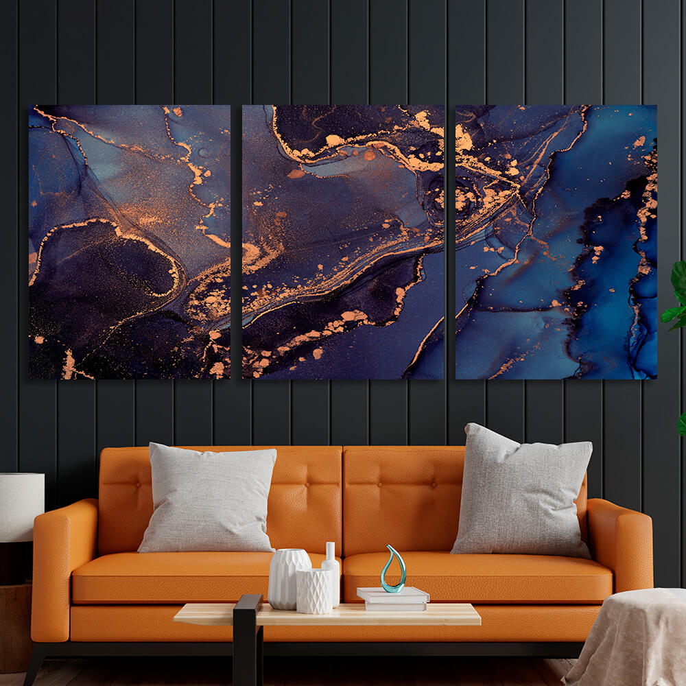 Modular purple and blue abstract with gold elements Multi Panel Canvas Wall Art Print