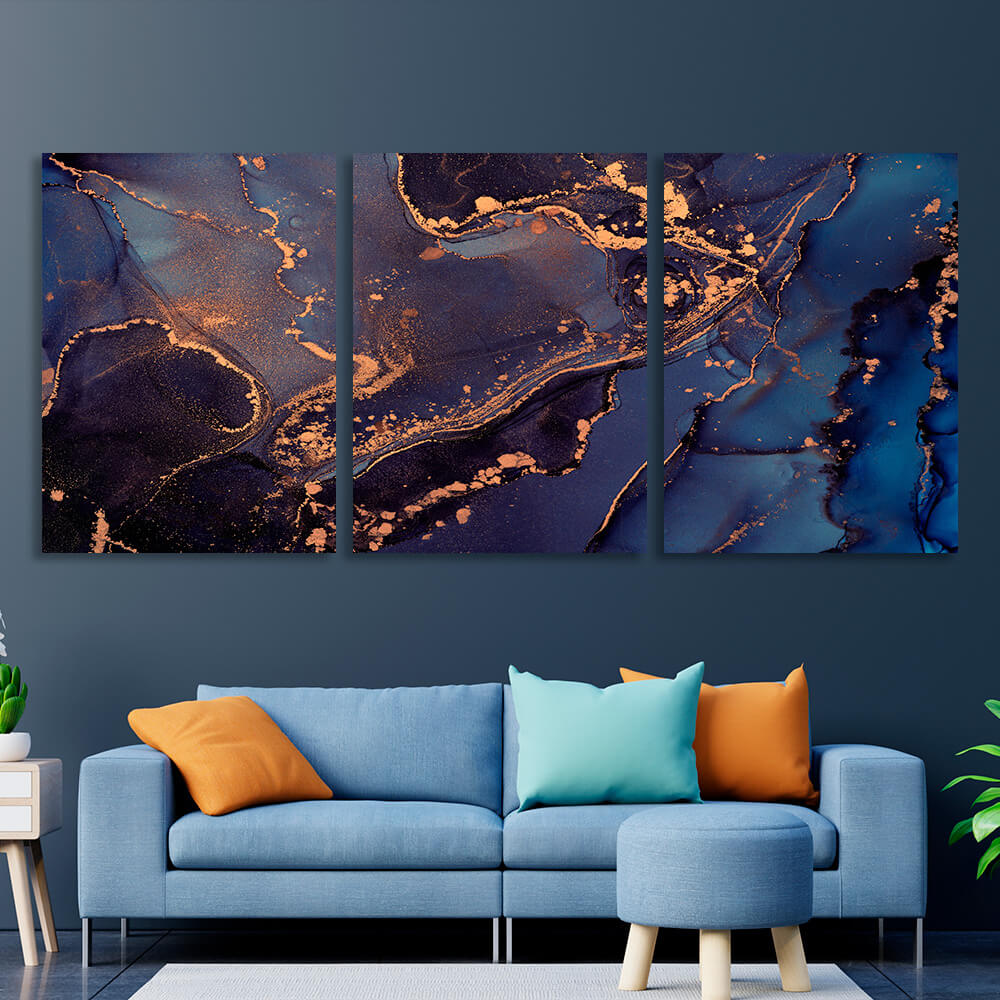 Modular purple and blue abstract with gold elements Multi Panel Canvas Wall Art Print