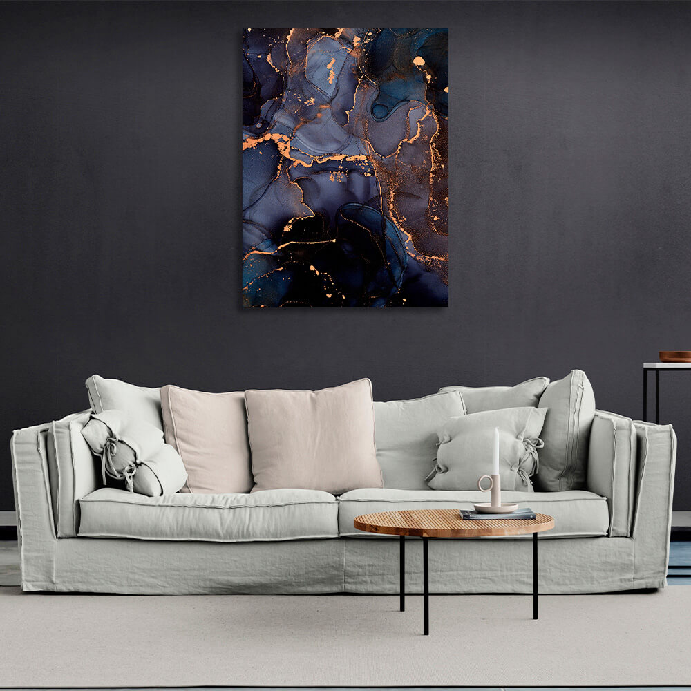 Dark blue abstract with gold elements Abstraction Canvas Wall Art Print