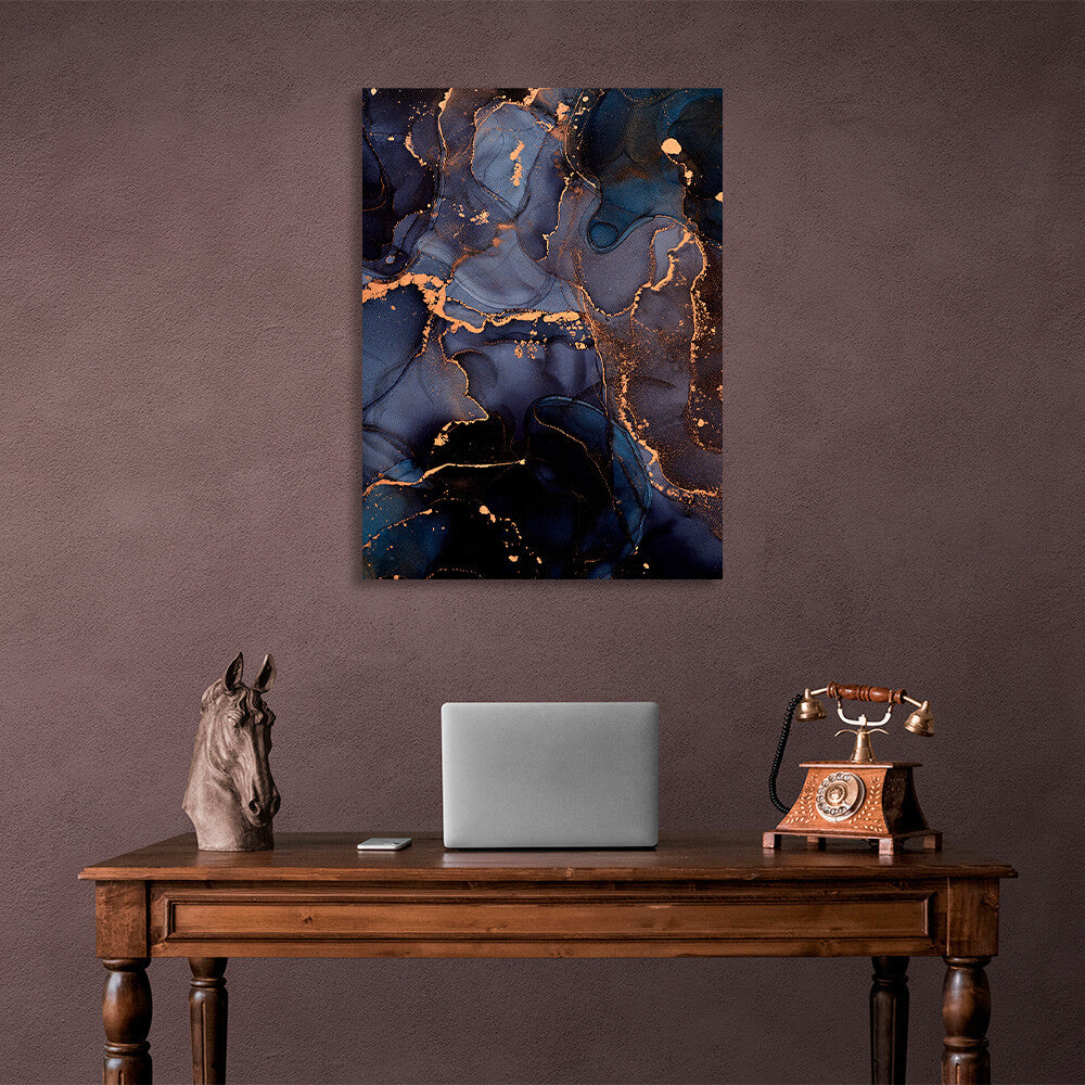 Dark blue abstract with gold elements Abstraction Canvas Wall Art Print