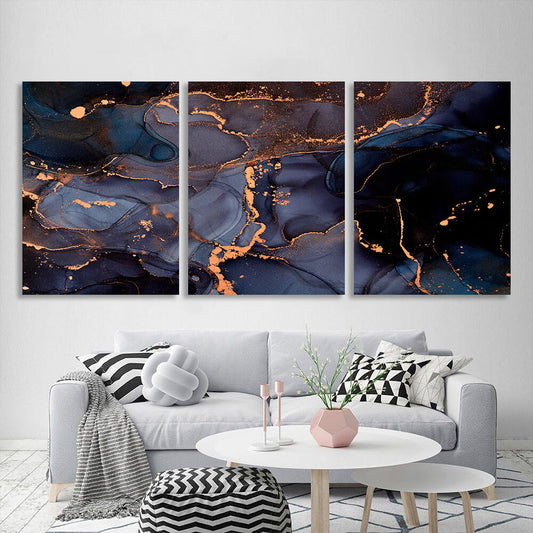 Modular abstract in blue with gold elements Multi Panel Canvas Wall Art Print