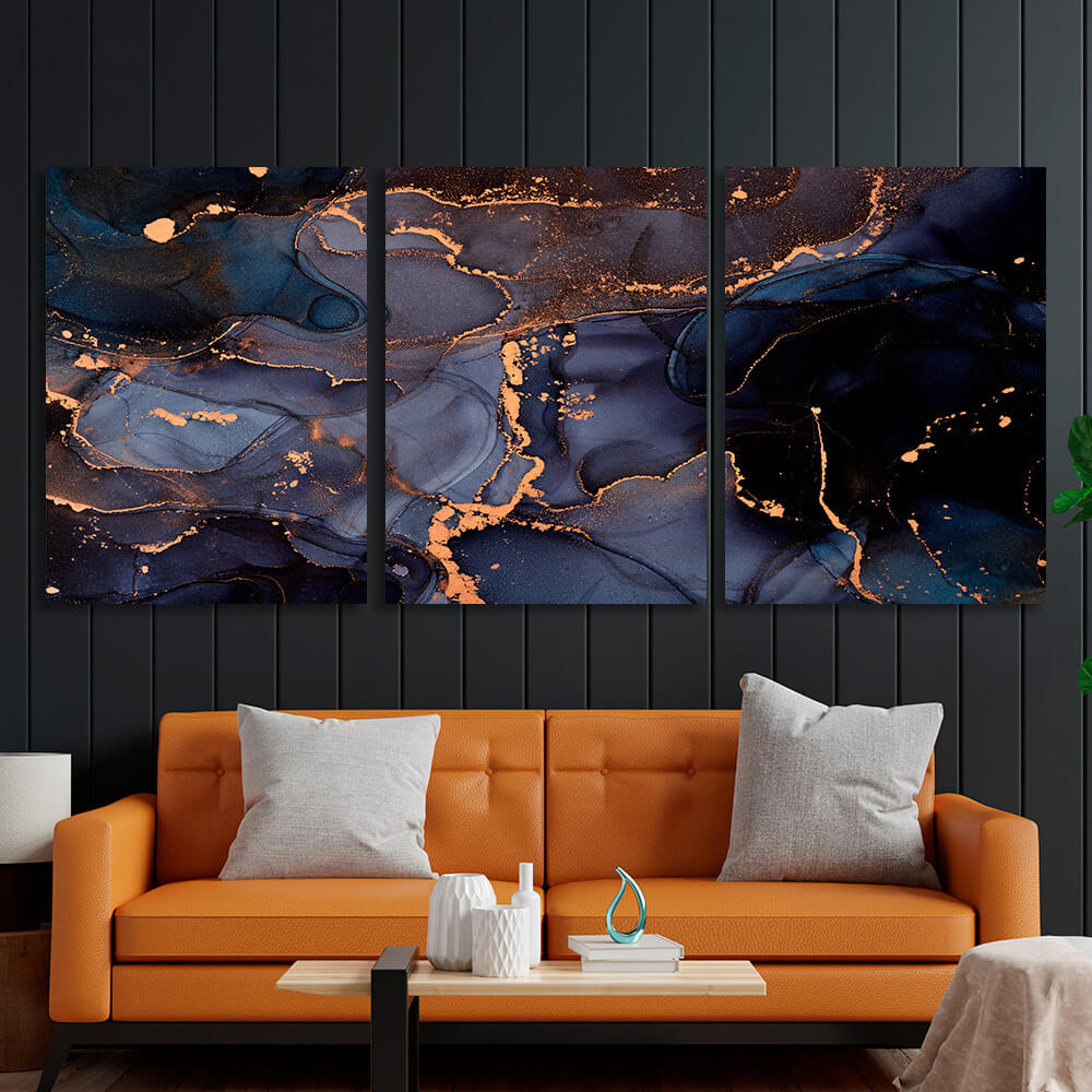 Modular abstract in blue with gold elements Multi Panel Canvas Wall Art Print