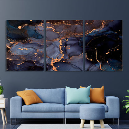 Modular abstract in blue with gold elements Multi Panel Canvas Wall Art Print