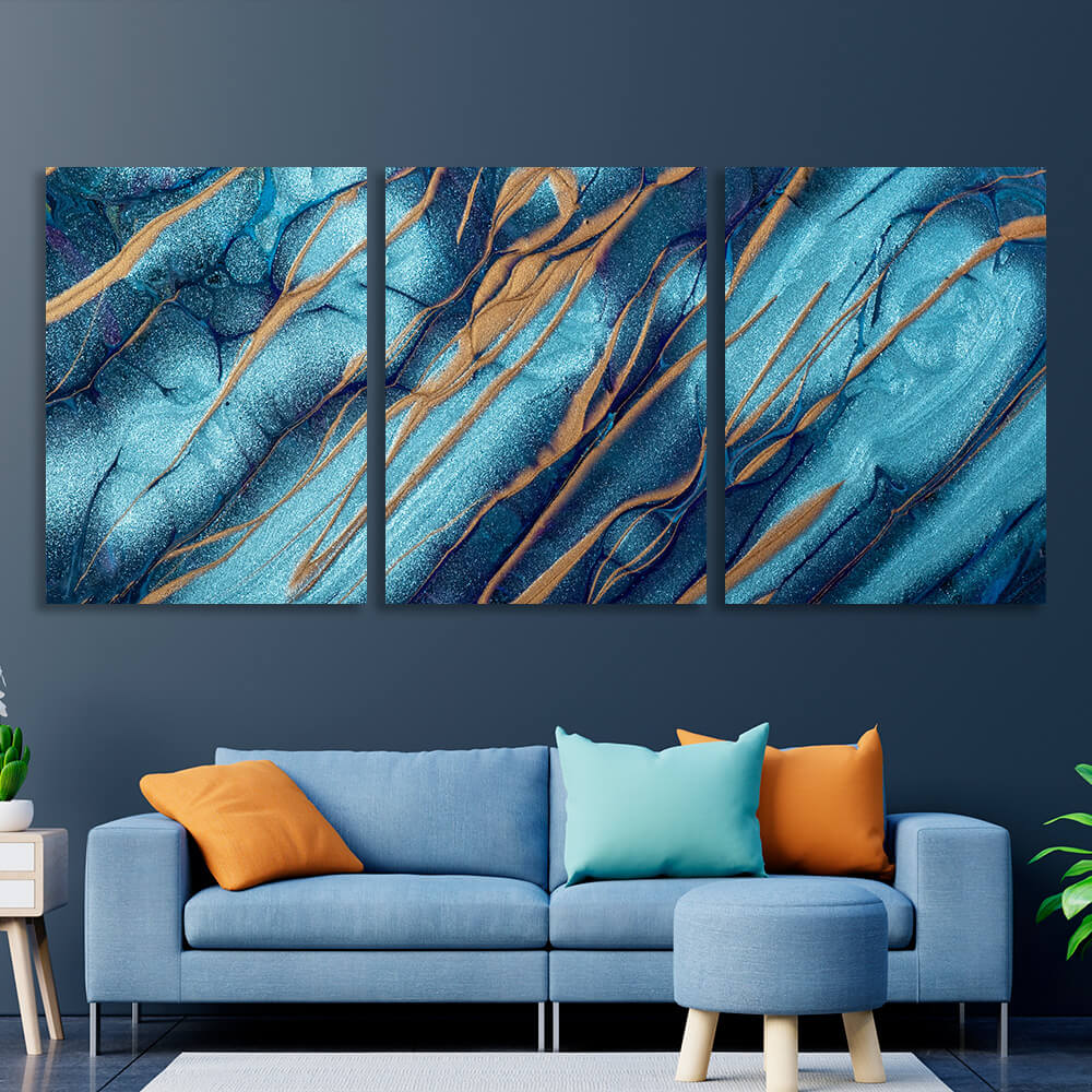 Modular blue-blue abstract with gold elements Multi Panel Canvas Wall Art Print