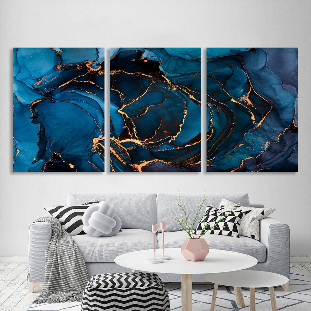 Modular blue abstract with gold elements Multi Panel Canvas Wall Art Print