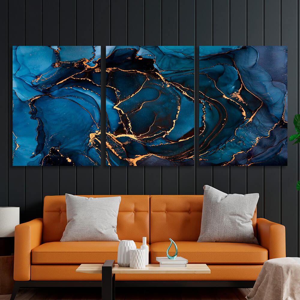 Modular blue abstract with gold elements Multi Panel Canvas Wall Art Print