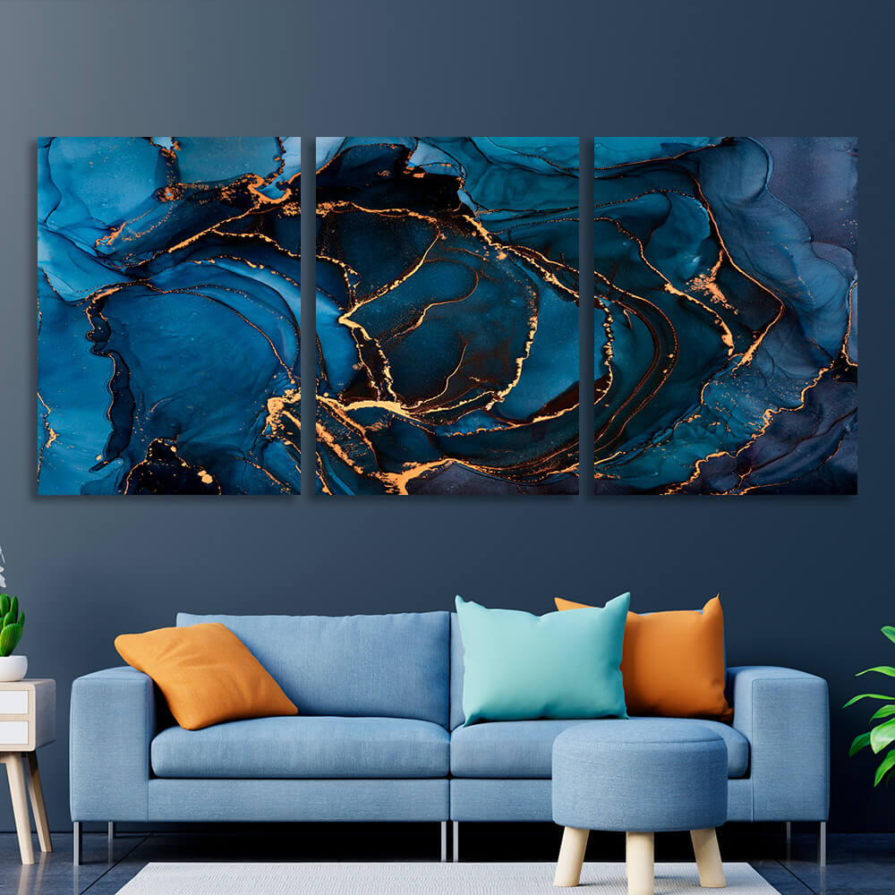 Modular blue abstract with gold elements Multi Panel Canvas Wall Art Print