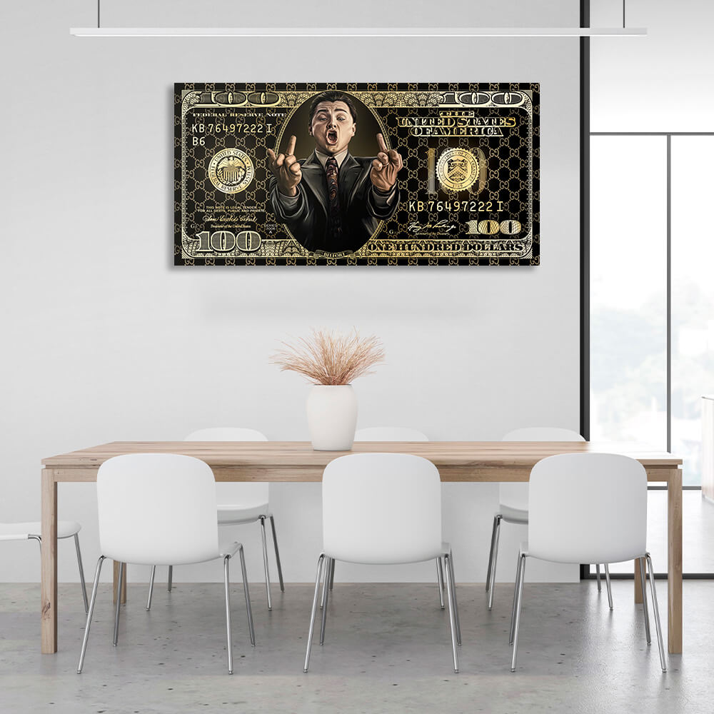 100 dollar bill black and gold The Wolf of Wall Street Motivational Canvas Wall Art Print