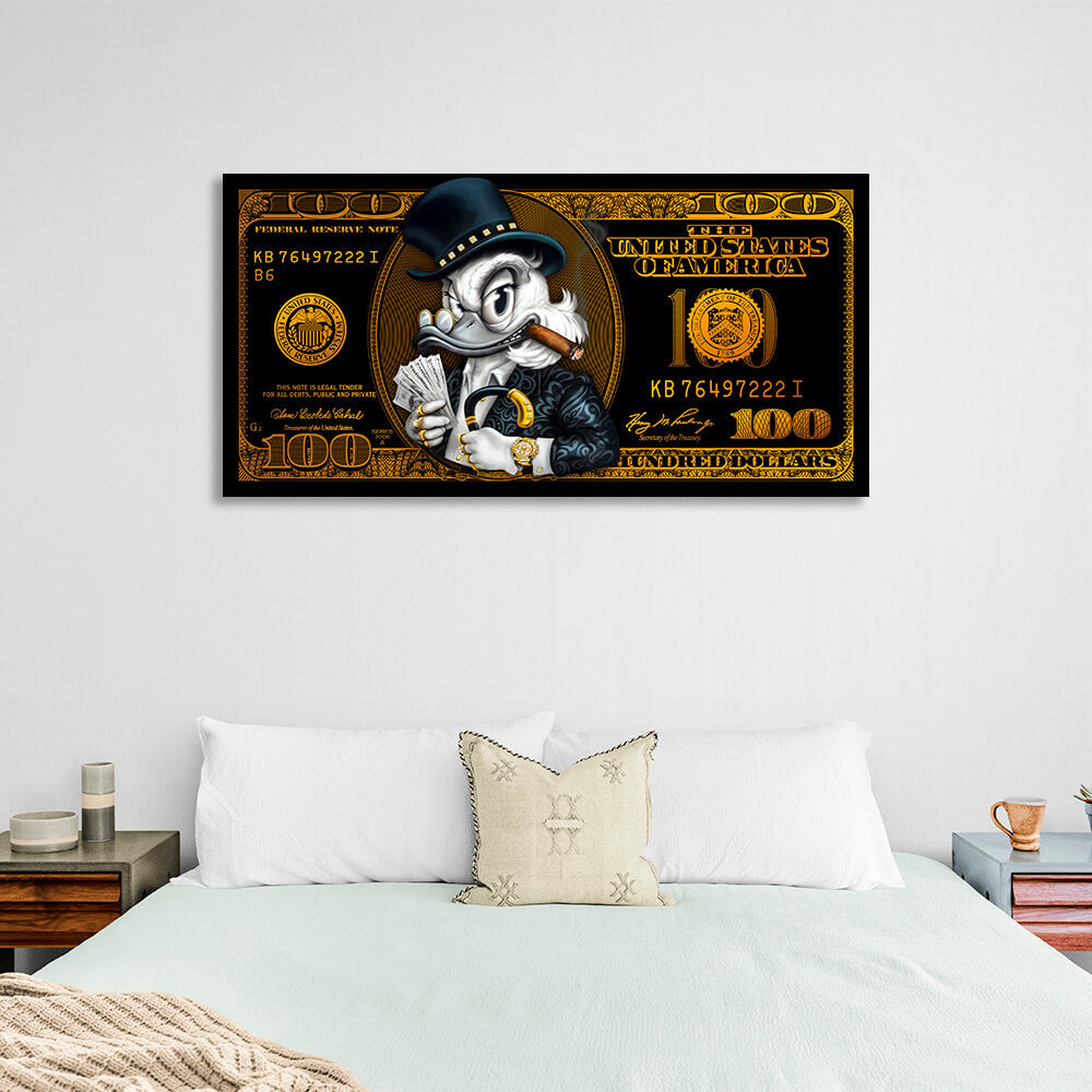 100 dollar bill black and gold Scrooge Motivational Canvas Wall Art Print