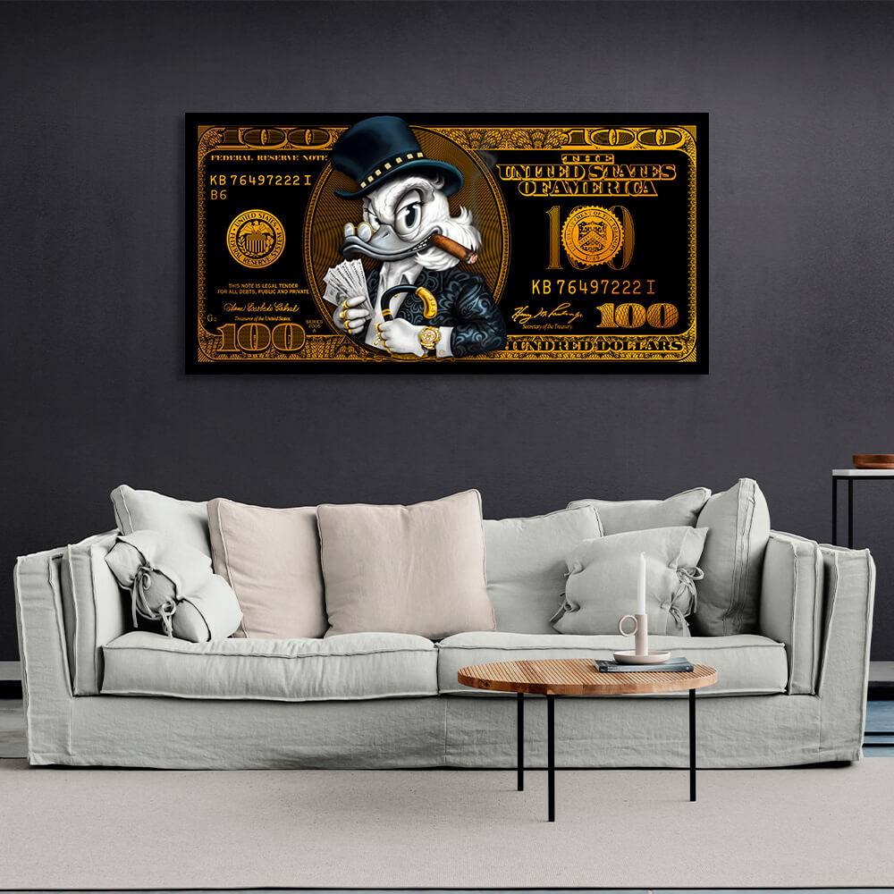 100 dollar bill black and gold Scrooge Motivational Canvas Wall Art Print