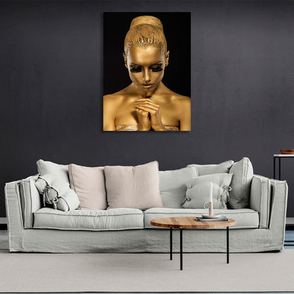 Woman in gold color on black background Canvas Wall Art Print