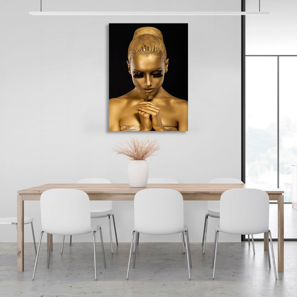 Woman in gold color on black background Canvas Wall Art Print