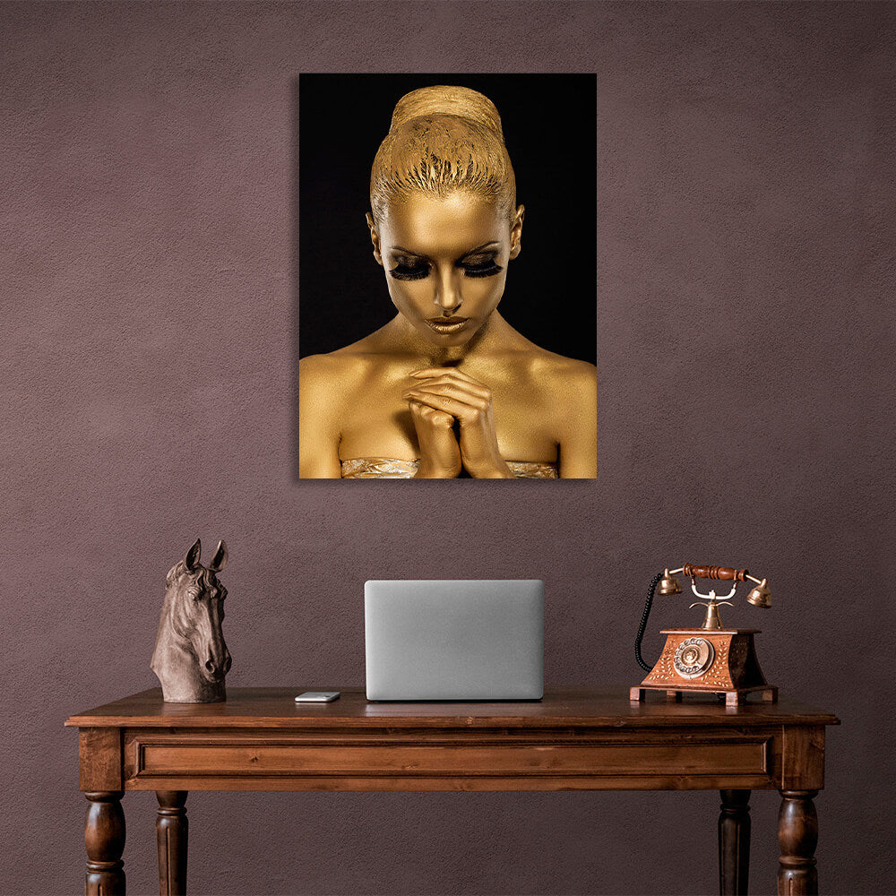 Woman in gold color on black background Canvas Wall Art Print