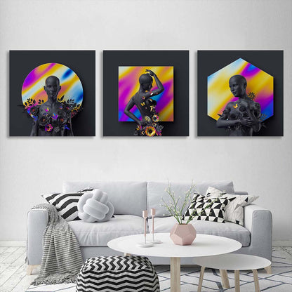 Statue of a woman on a background of colorful figures Multi Panel Canvas Wall Art Print