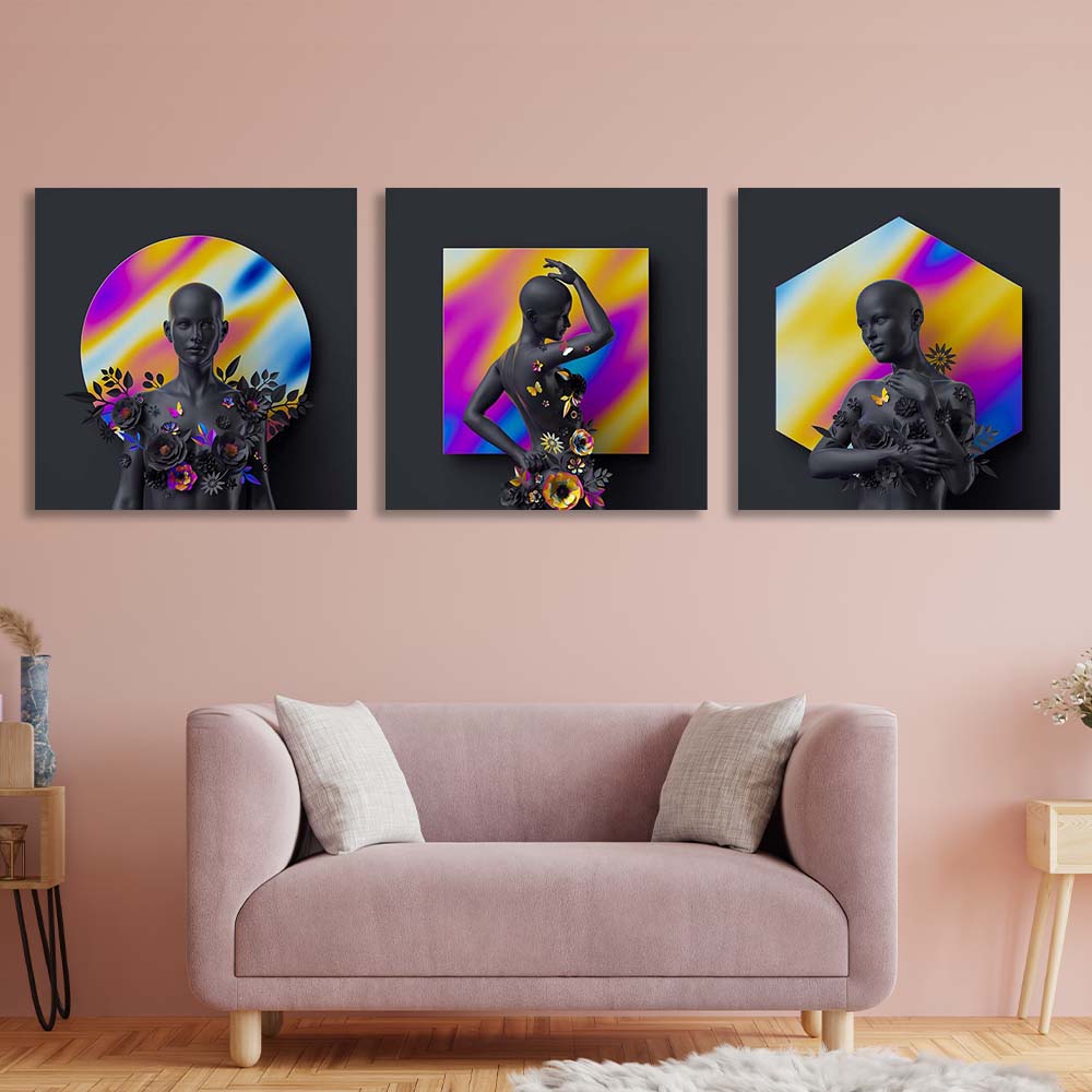 Statue of a woman on a background of colorful figures Multi Panel Canvas Wall Art Print