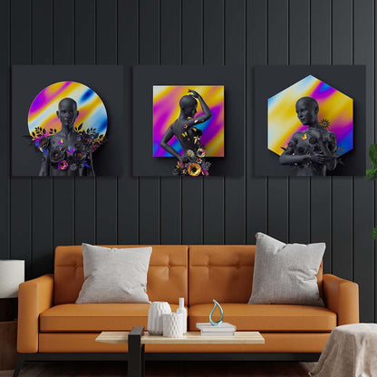 Statue of a woman on a background of colorful figures Multi Panel Canvas Wall Art Print