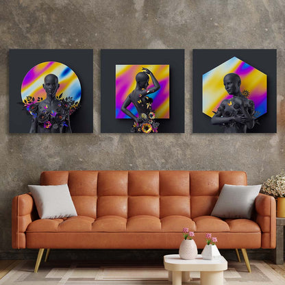 Statue of a woman on a background of colorful figures Multi Panel Canvas Wall Art Print