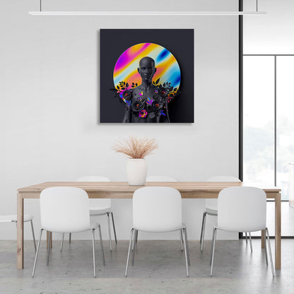 Statue of a woman with flowers on a round colored background Canvas Wall Art Print