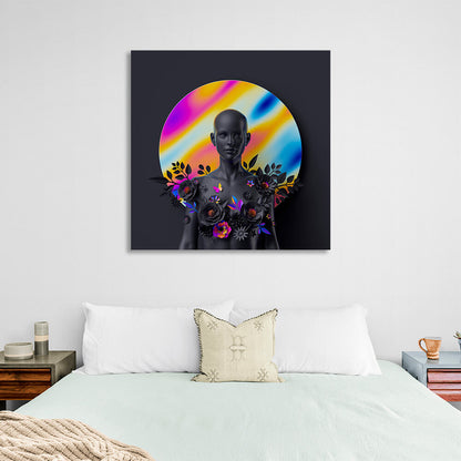 Statue of a woman with flowers on a round colored background Canvas Wall Art Print