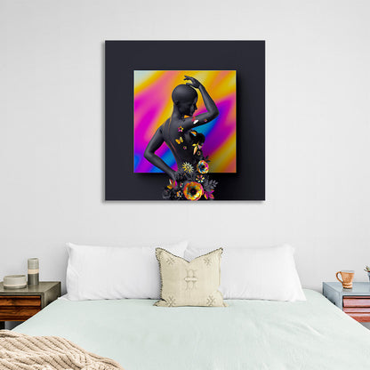 Statue of a woman with flowers on a square colored background Canvas Wall Art Print