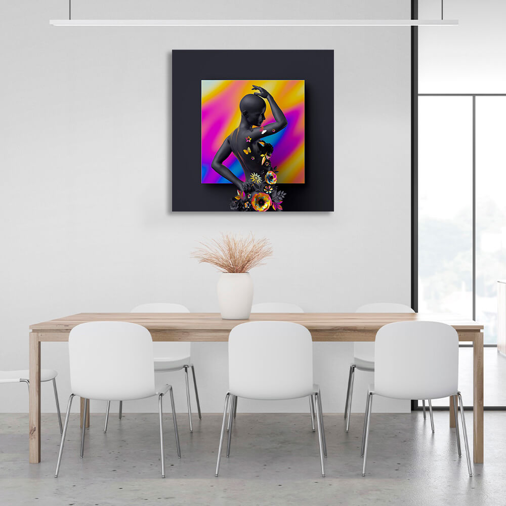 Statue of a woman with flowers on a square colored background Canvas Wall Art Print