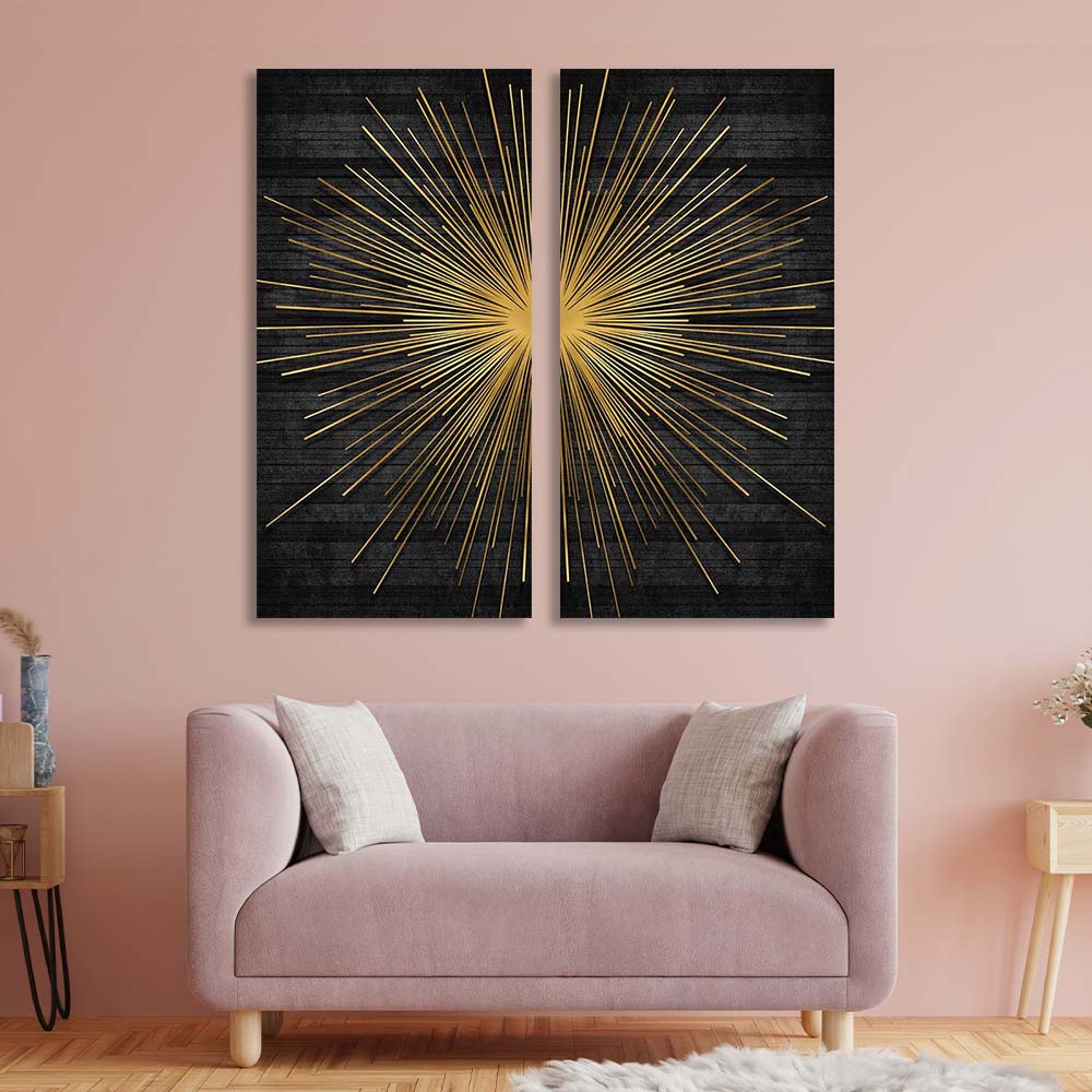 Golden rays on a dark background Multi Panel Canvas Wall Art Print