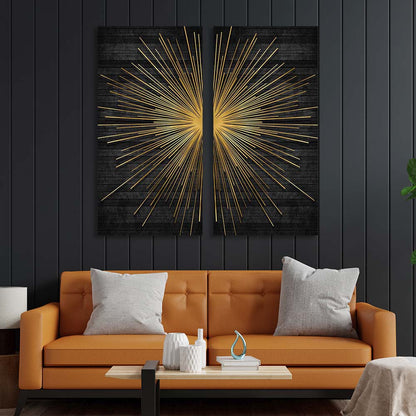 Golden rays on a dark background Multi Panel Canvas Wall Art Print