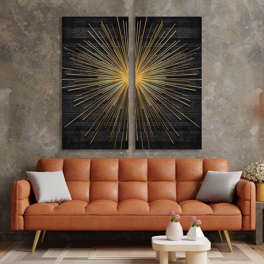 Golden rays on a dark background Multi Panel Canvas Wall Art Print