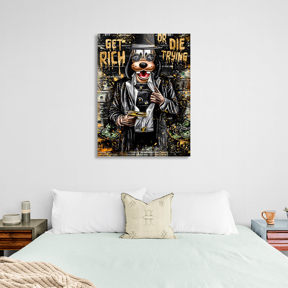 A cartoon dog with a gold gun Canvas Wall Art Print