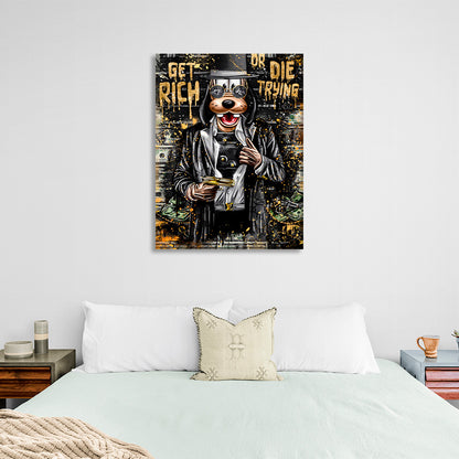 A cartoon dog with a gold gun Canvas Wall Art Print