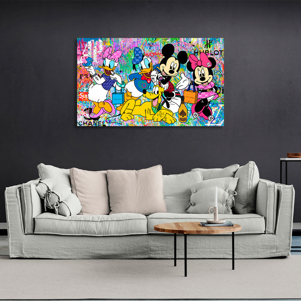 Mickey Mouse and his friends on a colored background Canvas Wall Art Print