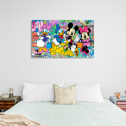 Mickey Mouse and his friends on a colored background Canvas Wall Art Print