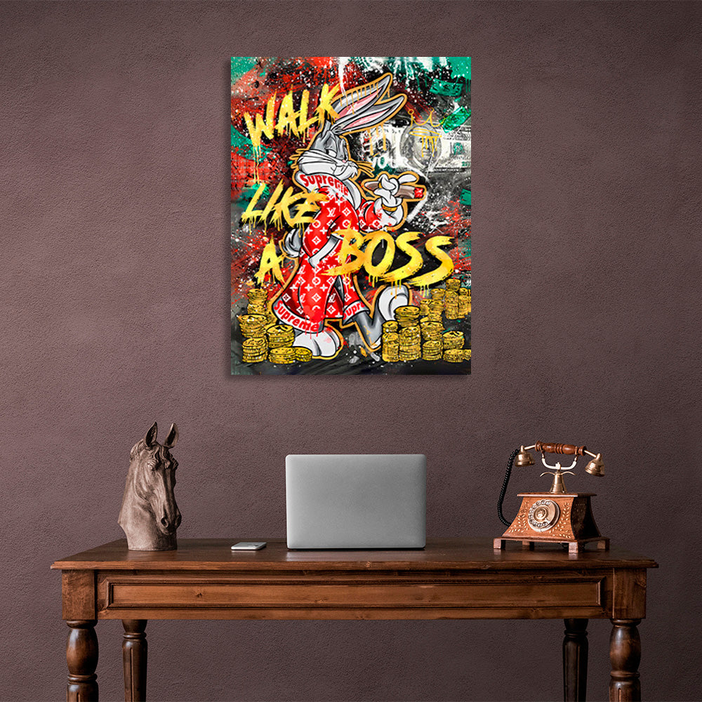 Bunny with a cigar against a backdrop of dollars and gold coins Canvas Wall Art Print