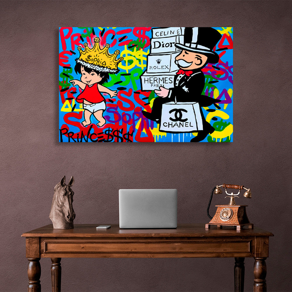 Alec Monopoly in the background of the graffiti Canvas Wall Art Print