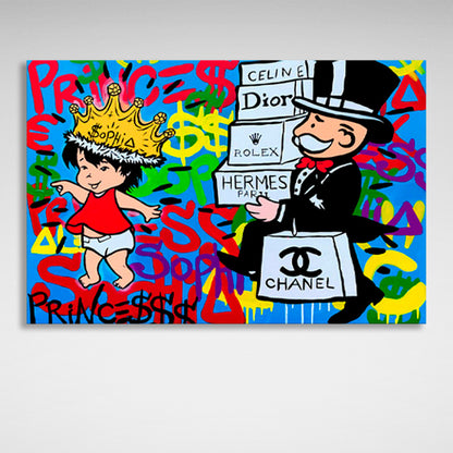 Alec Monopoly in the background of the graffiti Canvas Wall Art Print