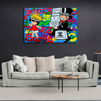 Alec Monopoly in the background of the graffiti Canvas Wall Art Print