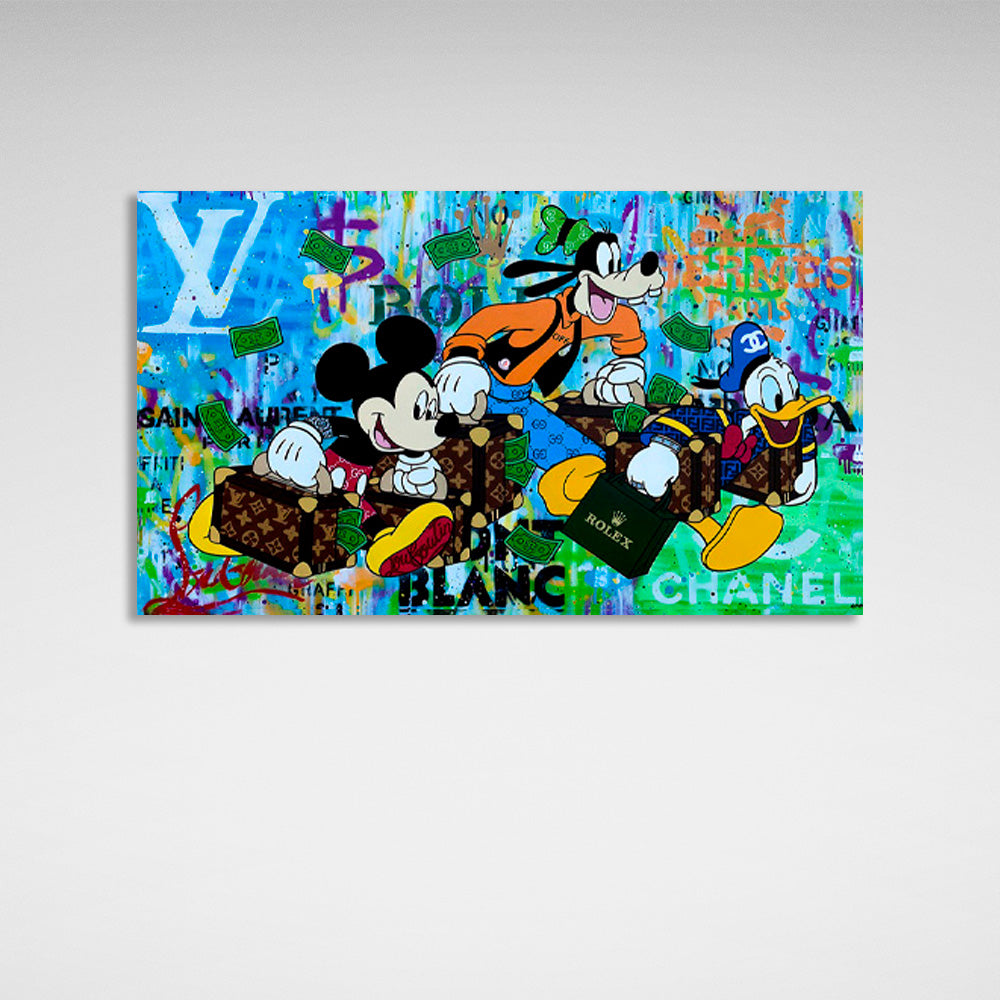 Mickey Mouse, Donald Duck and Goofy with money in their bags Canvas Wall Art Print