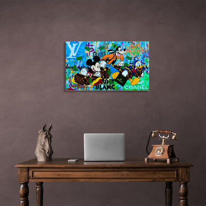 Mickey Mouse, Donald Duck and Goofy with money in their bags Canvas Wall Art Print