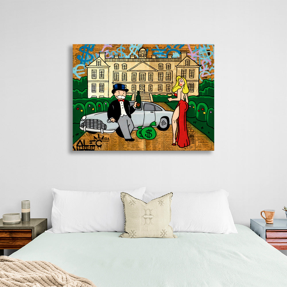 The girl and Alec Monopoly in the background of the car and the house Canvas Wall Art Print